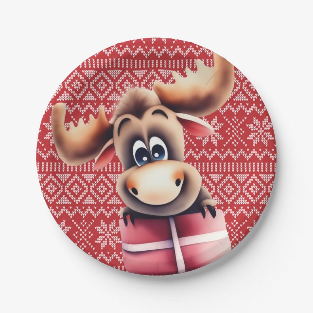 Plato De Papel Personalizado Moose con regalo de Navidades (Anverso)