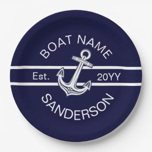 Plato De Papel Personalizado Nautical Anchor Naval Azul