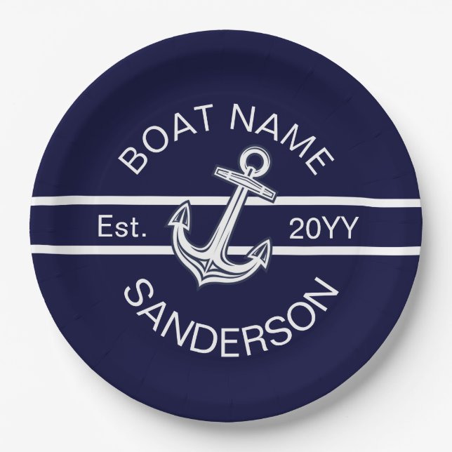 Plato De Papel Personalizado Nautical Anchor Naval Azul (Anverso)