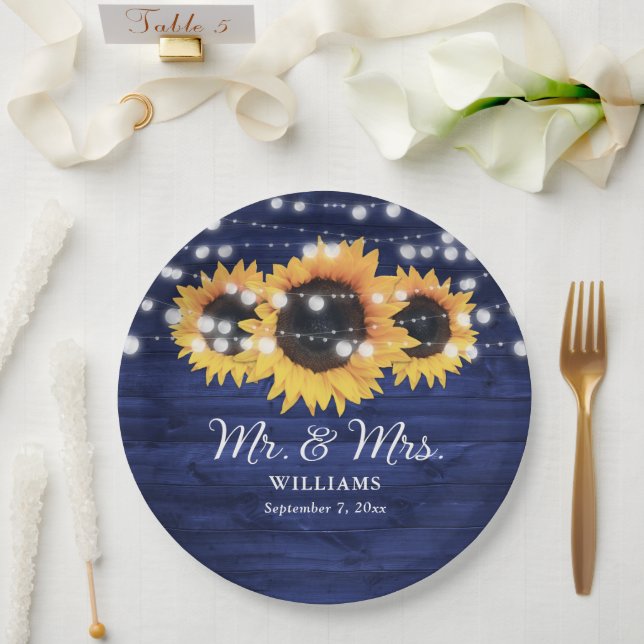 Plato De Papel Personalizado Navy Blue Sunflower Rustic Wood Boda (Boda)