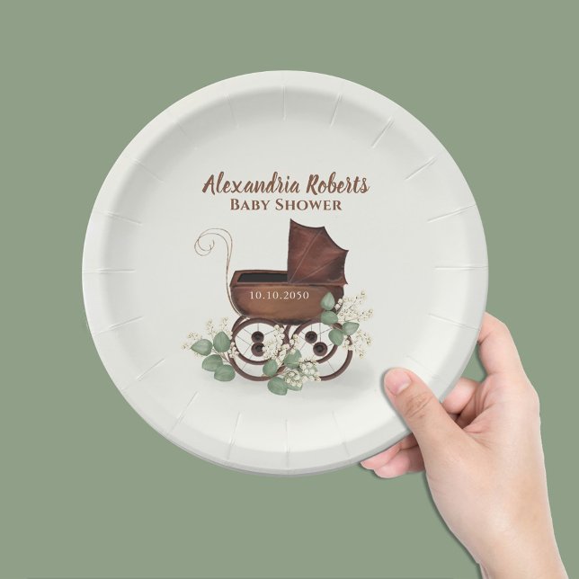 Plato De Papel Personalizado neutral de género de Baby Shower bre (Elegant watercolor vintage baby carriage paper plate. )