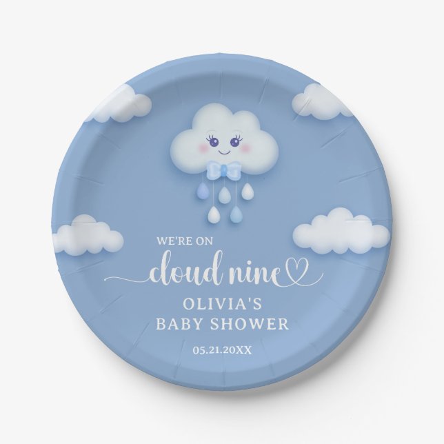 Plato De Papel Personalizado nube blanca esponjosa 9 ducha de beb (Anverso)
