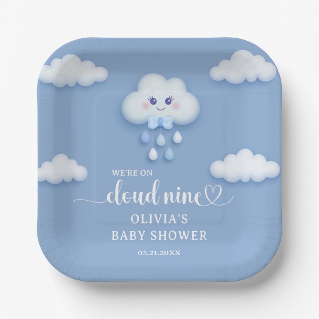 Plato De Papel Personalizado nube blanca esponjosa 9 ducha de beb (Anverso)