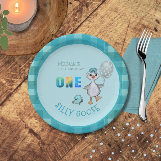 Plato De Papel Personalizado ONE Placa Fiesta azul gaseosa (Custom ONE Silly Goose Blue Party Plate)