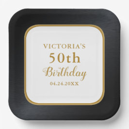 Plato De Papel Personalizado Oro Blanco Negro 50 cumpleaños