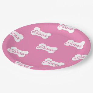 Plato De Papel Personalizado Óseo de perro rosa Textos