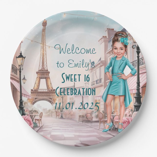 Plato De Papel Personalizado París y Rosas dulces 16 en París (Anverso)