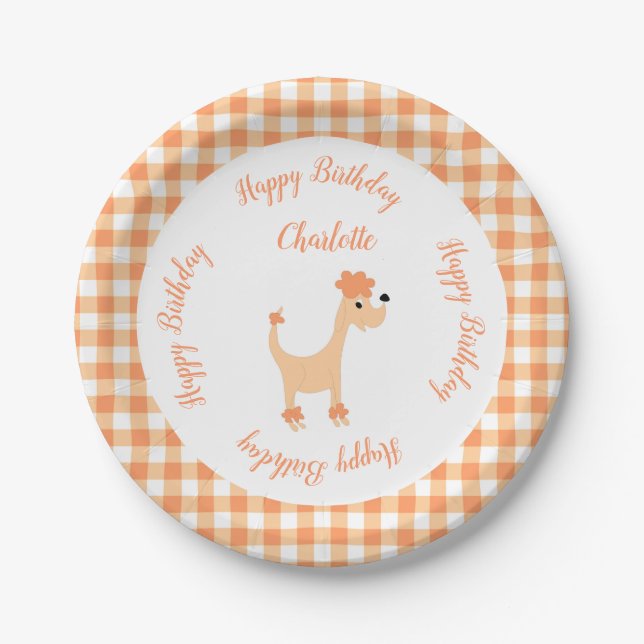 Plato De Papel Personalizado peach poodle Posh Paws gingham cumpl (Anverso)