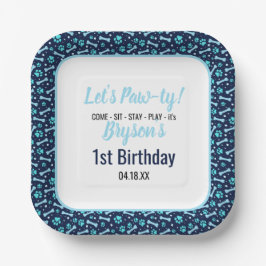 Plato De Papel Personalizado Perro Cumpleaños Blue Paw Imprimir M