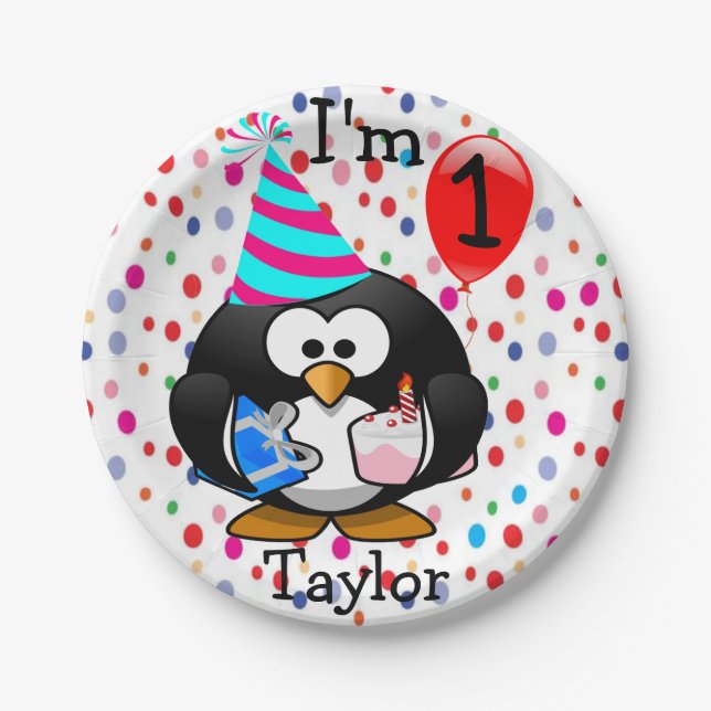 Plato De Papel Personalizado personalizada Pingüino primer Fiesta (Anverso)