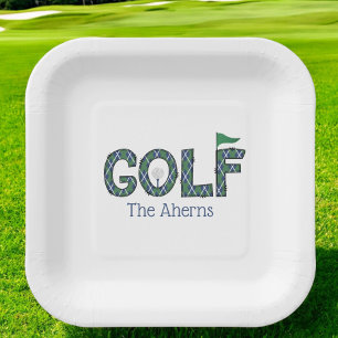 Plato De Papel Personalizado Preppy Golf Blue Green Argyle