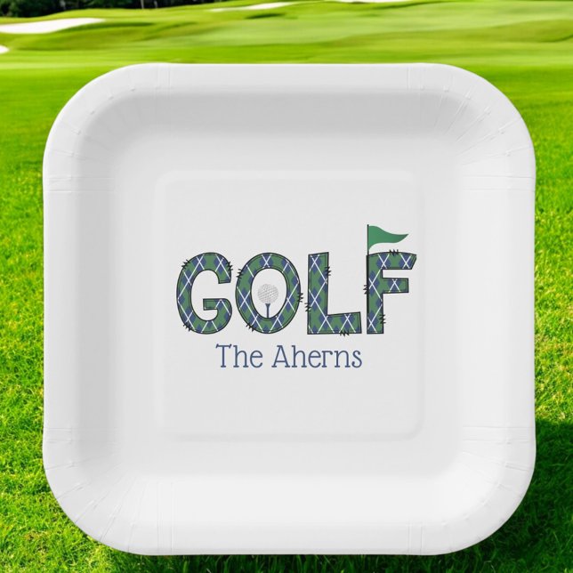 Plato De Papel Personalizado Preppy Golf Blue Green Argyle (Subido por el creador)