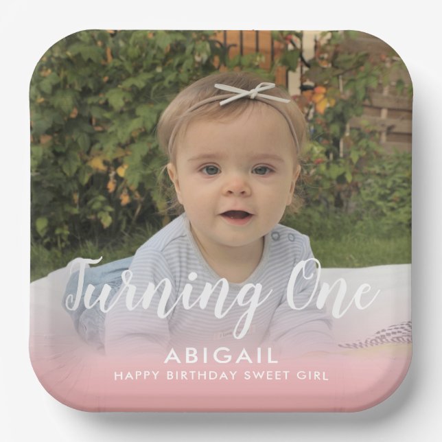 Plato De Papel Personalizado Primer Día Foto Rosa (Anverso)