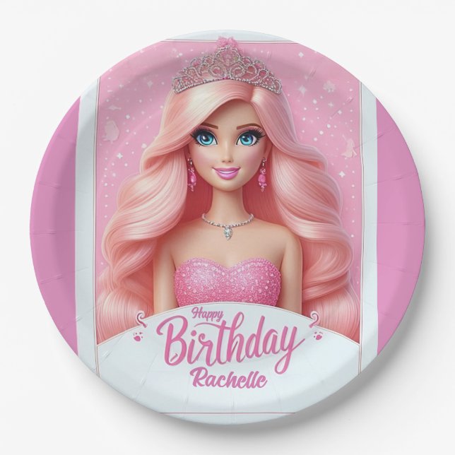 Plato De Papel Personalizado Princesa Rosa Feliz cumpleaños (Anverso)