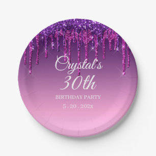 Plato De Papel Personalizado Purpurina morado gota feliz cumplea