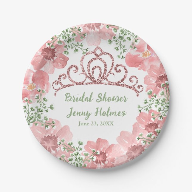 Plato De Papel Personalizado Purpurina Rosa Crown Roses Rosa Verd (Anverso)