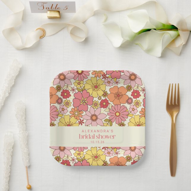 Plato De Papel Personalizado Retro Boho amarillo rosa Floral Brid (Boda)