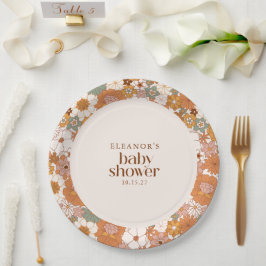 Plato De Papel Personalizado Retro Terracotta Boho Floral Baby Sh