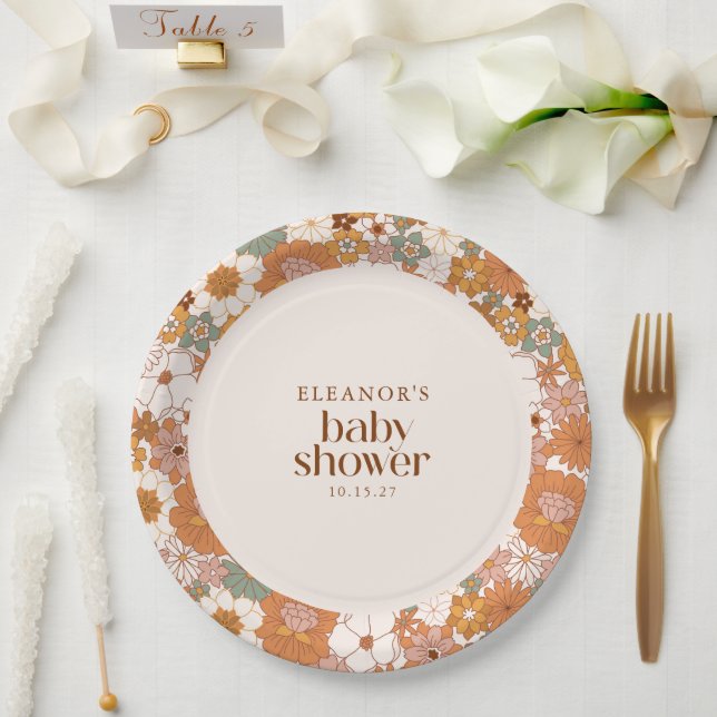 Plato De Papel Personalizado Retro Terracotta Boho Floral Baby Sh (Boda)