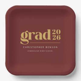 Plato De Papel Personalizado Rojo Dorado Graduación Graduado 2026
