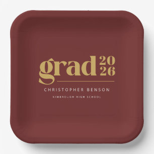 Plato De Papel Personalizado Rojo Dorado Graduación Graduado 2026