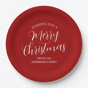 Plato De Papel Personalizado Rojo Feliz Navidad