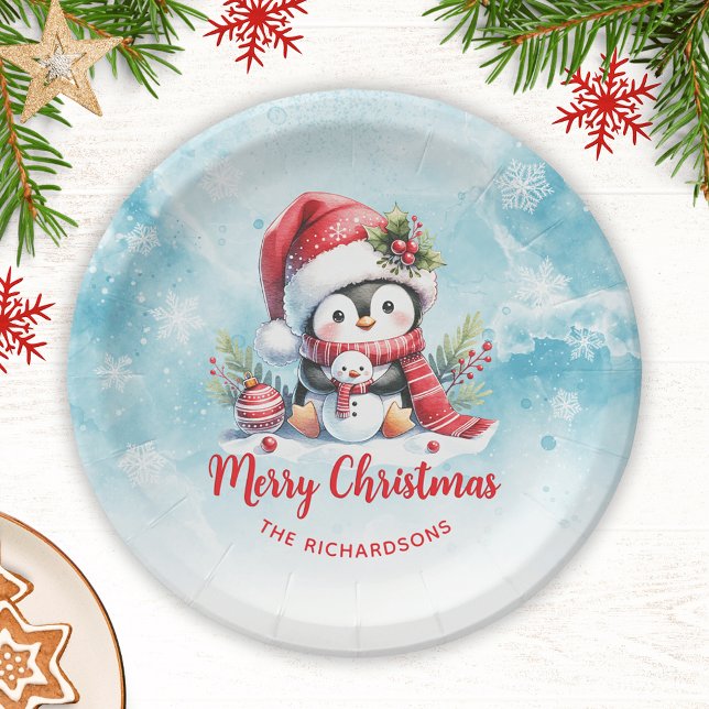 Plato De Papel Personalizado rojo y azul pingüino lindo Feliz Nav (Subido por el creador)