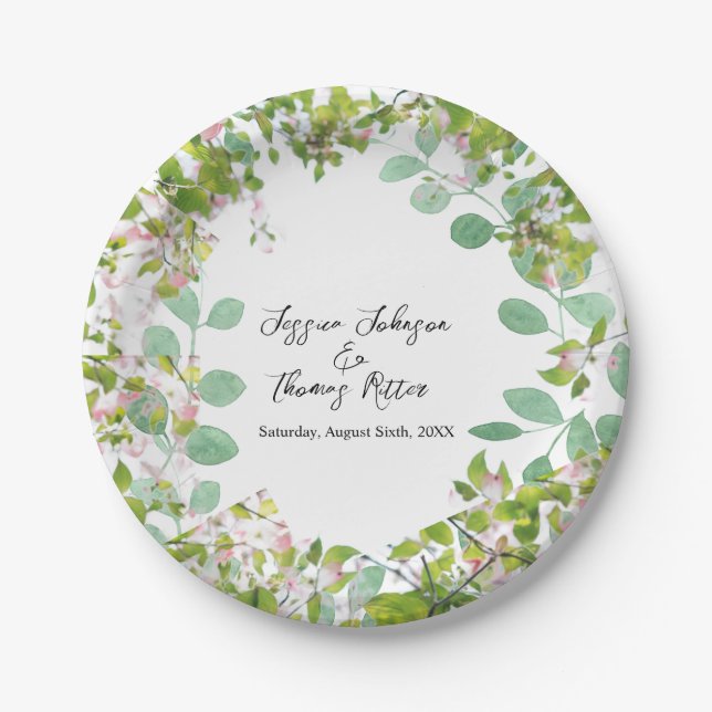 Plato De Papel Personalizado romántico Eucalyptus Boda de verano (Anverso)