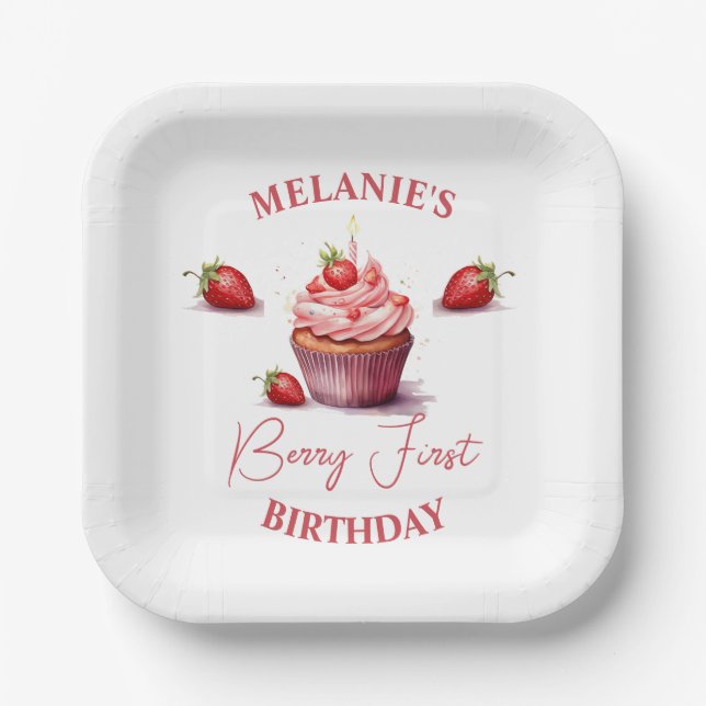 Plato De Papel Personalizado Rosa Berry Primer Partido de Cumplea (Anverso)