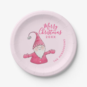 Plato De Papel Personalizado rosa de Gnome lindo Feliz Navidad
