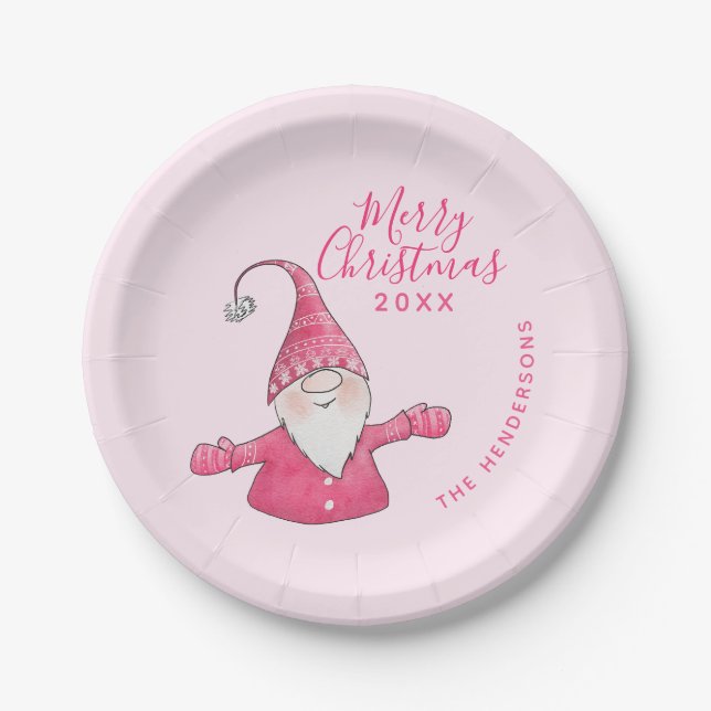 Plato De Papel Personalizado rosa de Gnome lindo Feliz Navidad (Anverso)