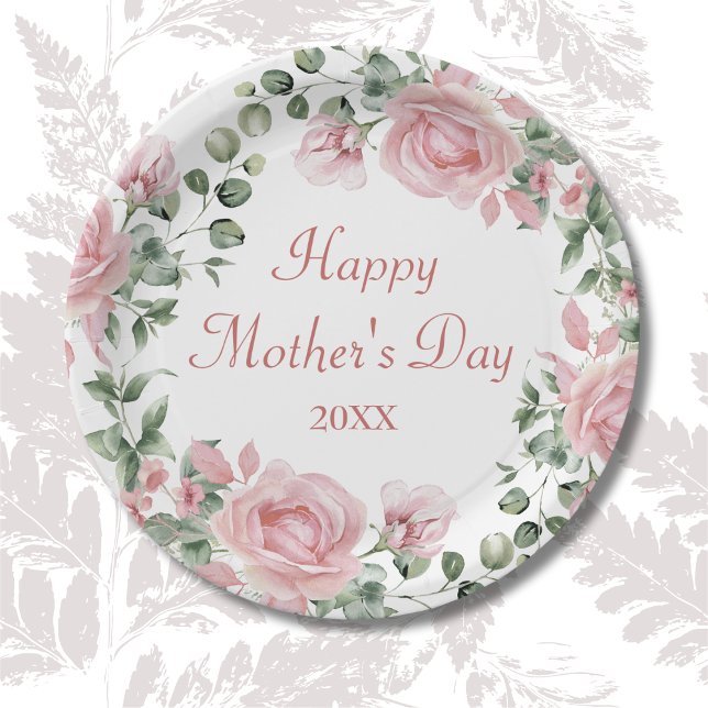 Plato De Papel Personalizado Rosa Floral Feliz Día de la Madre (Subido por el creador)