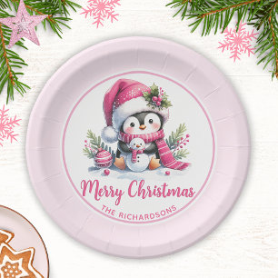 Plato De Papel Personalizado rosa pingüino lindo Feliz Navidad