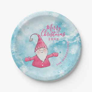 Plato De Papel Personalizado rosa y azul dulce Gnome Feliz Navida