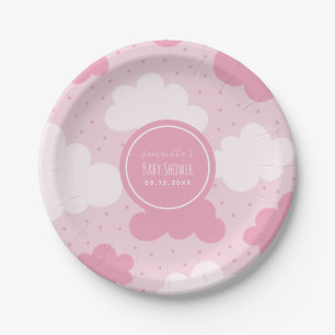 Plato De Papel Personalizado rosa y blanco nubes Chica Baby Showe
