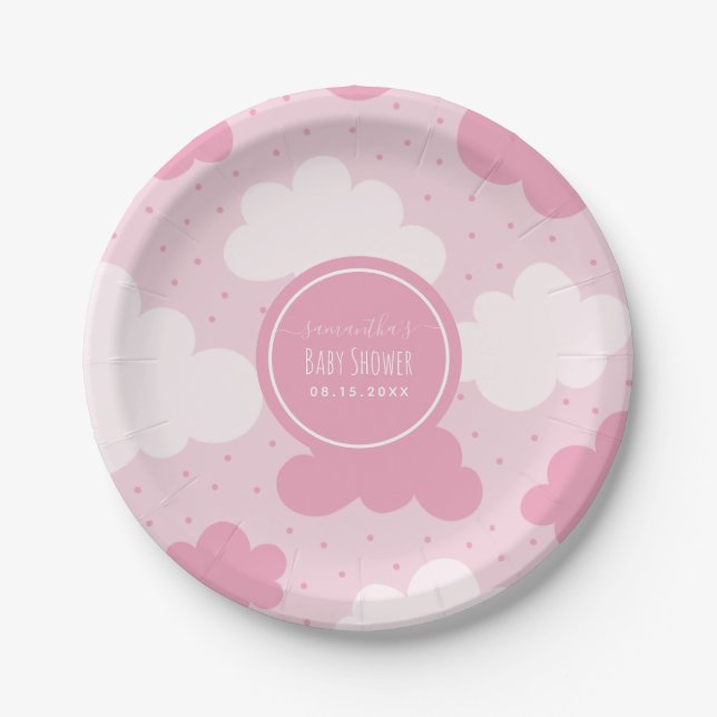 Plato De Papel Personalizado rosa y blanco nubes Chica Baby Showe (Anverso)