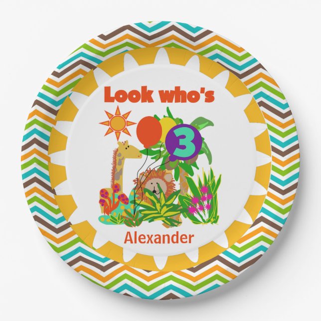 Plato De Papel Personalizado Safari 3 Placas de papel de cumpleañ (Anverso)