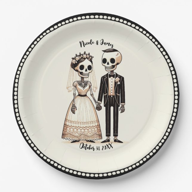 Plato De Papel Personalizado Skeleton Bride + Groom Whimsical Bod (Anverso)