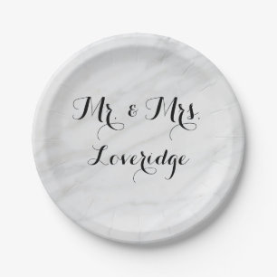 Plato De Papel Personalizado Sr. y Sra. Mármol Gris Blanco