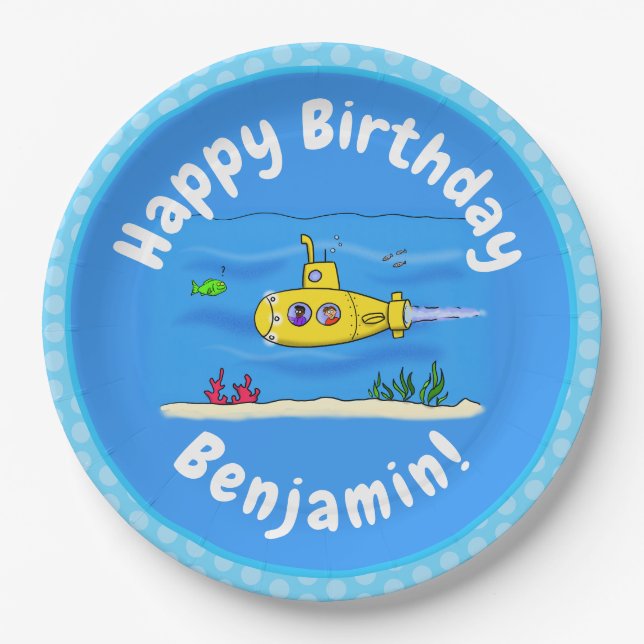 Plato De Papel Personalizado submarino feliz (Anverso)