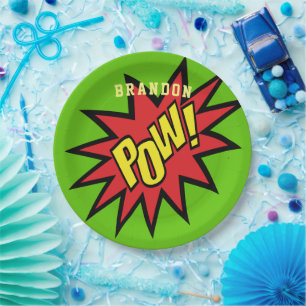 Plato De Papel Personalizado Super Hero Pow personalizado
