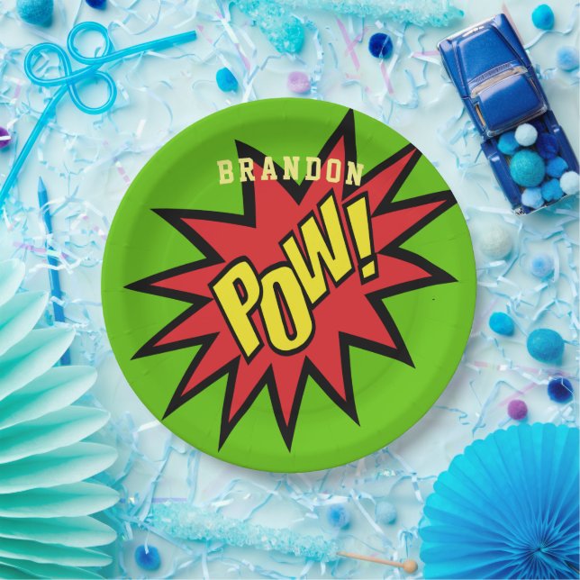 Plato De Papel Personalizado Super Hero Pow personalizado (Fiesta)