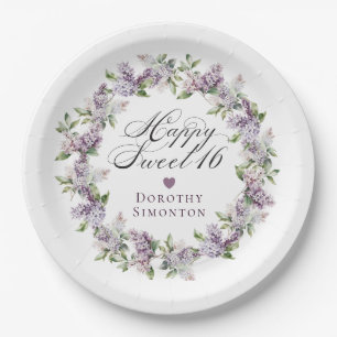 Plato De Papel Personalizado Sweet 16 Purple Lilac Spring Flower