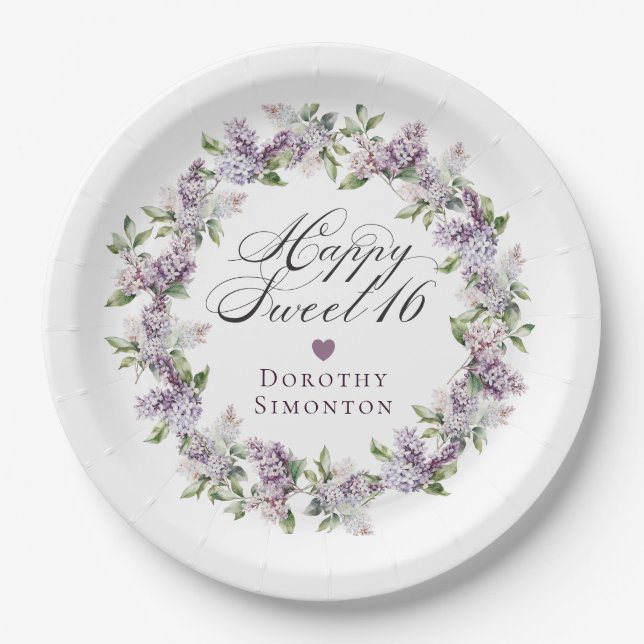 Plato De Papel Personalizado Sweet 16 Purple Lilac Spring Flower (Anverso)