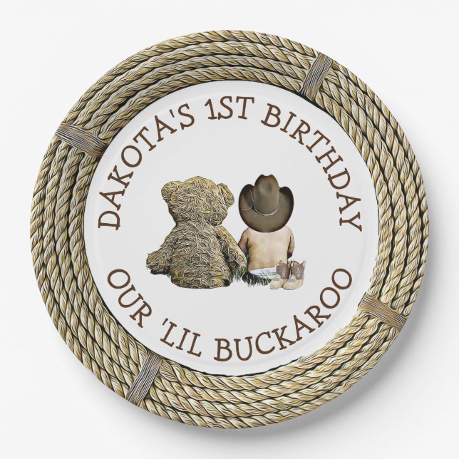 Plato De Papel Personalizado tema de Cowboy de primer cumpleaños (Anverso)