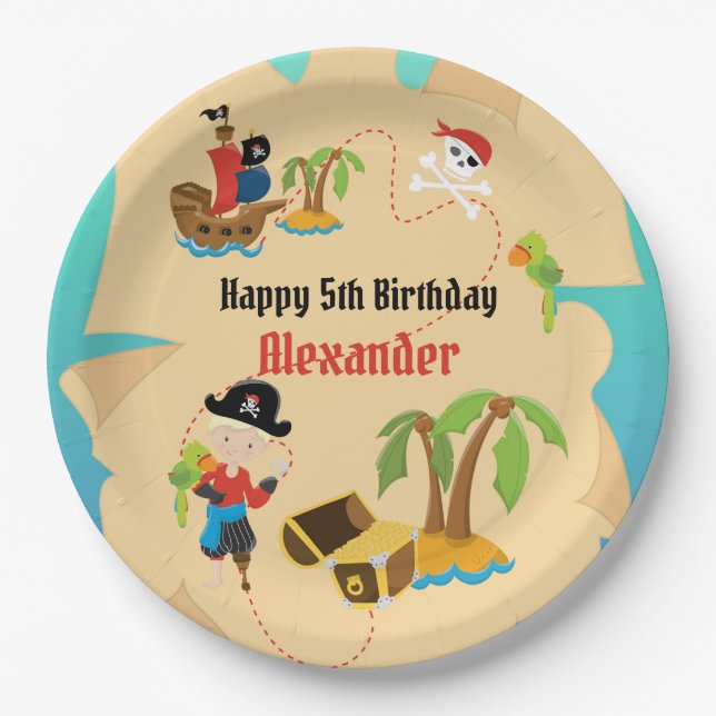 Plato De Papel Personalizado Treasure Map Boy Pirate Birday Party (Anverso)