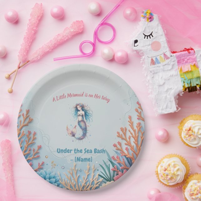 Plato De Papel Personalizado Una pequeña sirena está de camino ba (Fiesta)