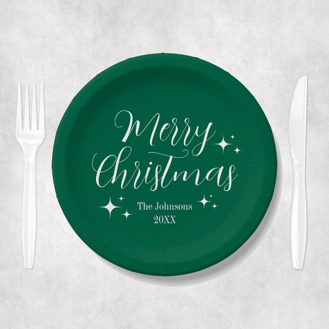 Plato De Papel Personalizado verde elegante del guión Fiesta navi (Elegant Green Merry Christmas Party Paper Plates
)