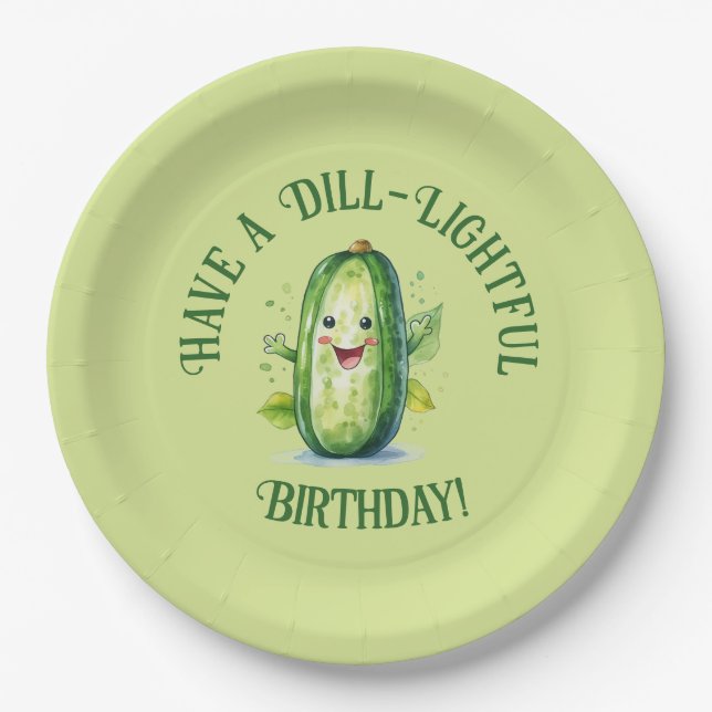 Plato De Papel Personalizado verde lindo Pickle Cumpleaños (Anverso)