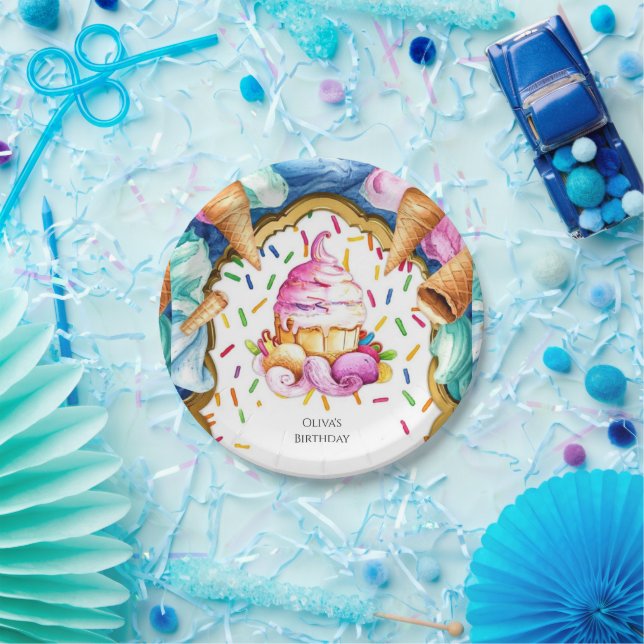 Plato De Papel Personalizado Watercolor Dessert Ice Cream Cumplea (Fiesta)